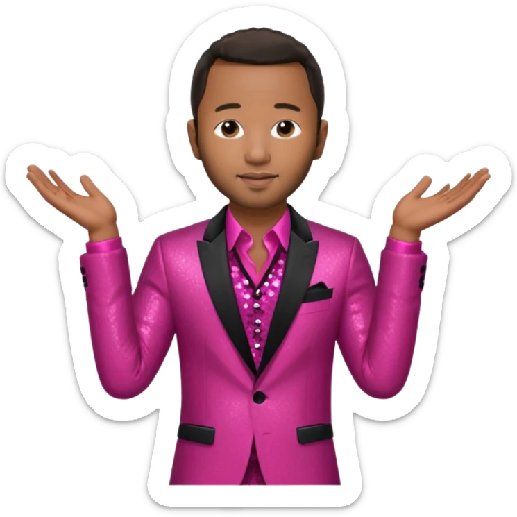 John Legend with dark brown hair, dark pink sequin suit jacket, red shirt sticker