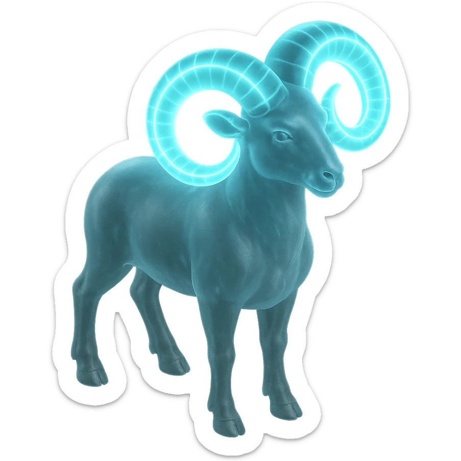 "A digital illustration of the Aries zodiac sign, a majestic ram with glowing horns, incorporating the color #00d9ff prominently in its design, celestial background, mystical and cosmic atmosphere" sticker