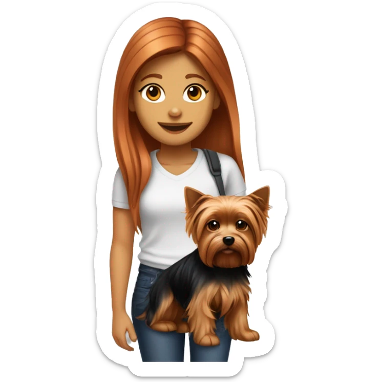 Girl auburn hair and yorkshire terrier dog black and white sticker