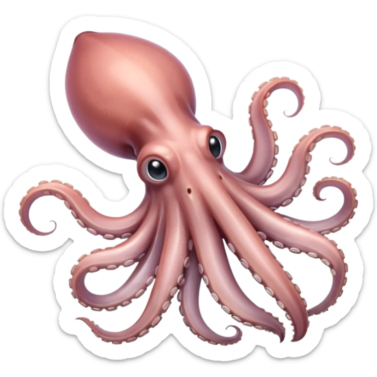 whole squid, pale pinkish-grey, semi-translucent, tapered body, fins, tentacles curled, suction cups, fresh, glossy, anatomically correct, soft lighting, subtle shadows, no plate, no tools, no faces, transparent background, emoji scale sticker