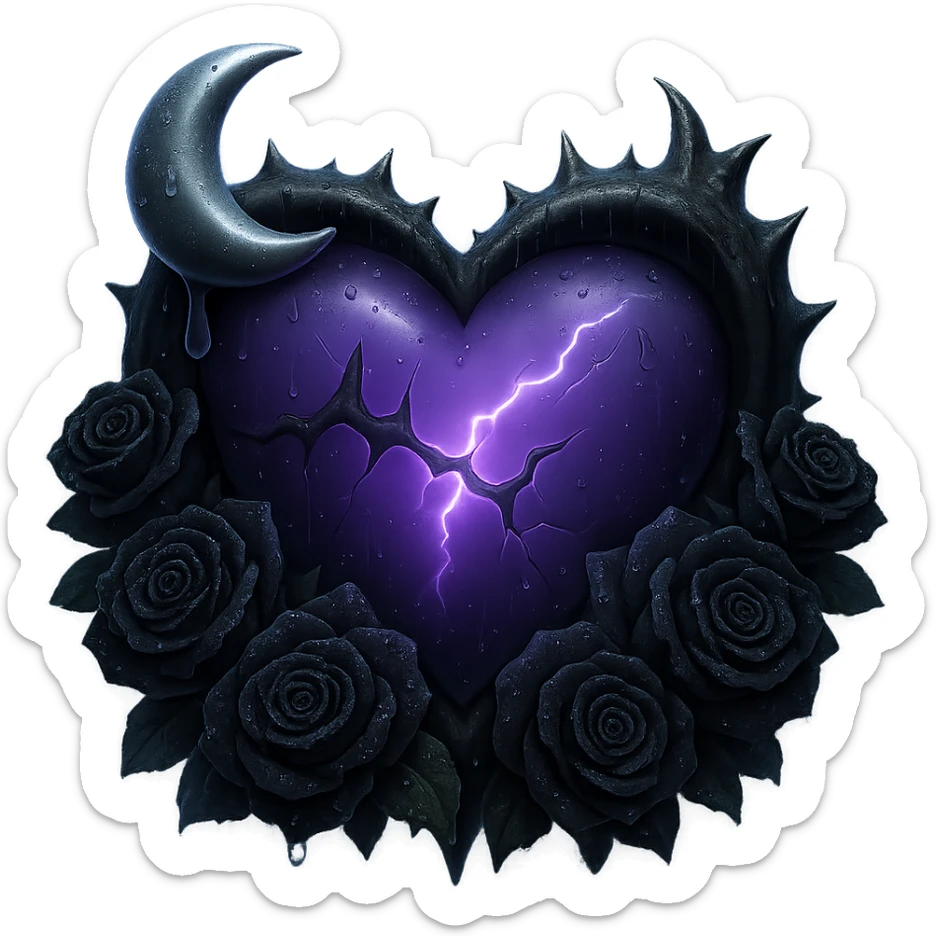 Add a glowing aura around the gothic heart, keeping the prominent black roses, deep purple glass, crescent moon dripping silver, subtle lightning, much more rain and thick mist, cracked glass glowing softly. The style should resemble 3D emoji style. Remove the background. sticker