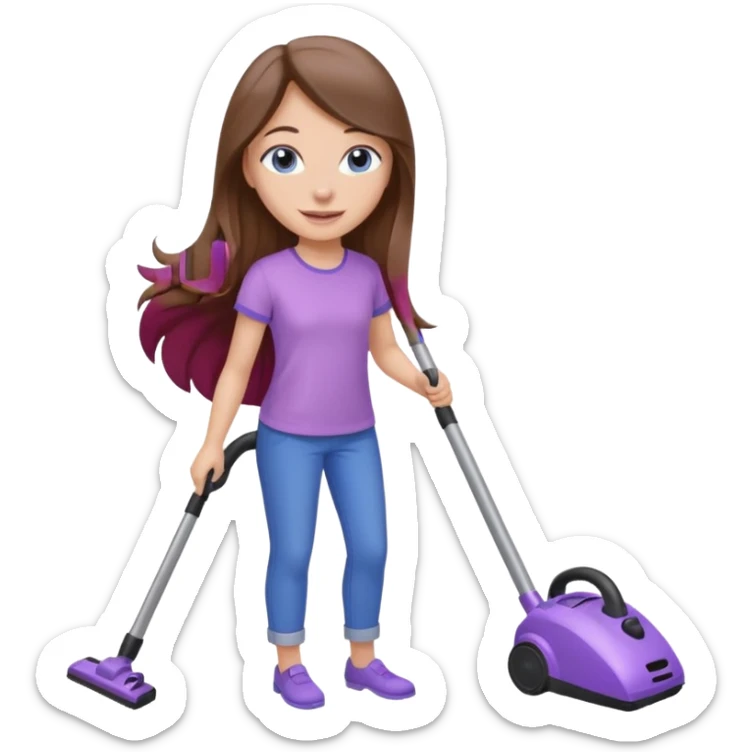 beautiful girl with long brown hair, blue eyes and wearing light purple clothes, cleaning and vacuuming sticker