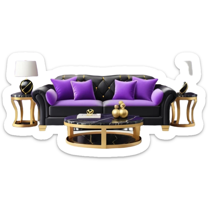 Luxurious black marble living room with gold and white accents and with a violet pillow  sticker