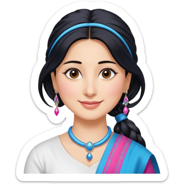generate a pretty bratz emoji that looks like Kareena Kapoor's Geet character. 
Make her wear a white shirt with a colorful blue-pink dupatta wrapped around her neck. smiling big. Black hair tied into a side part ponytail, silver hoops

She should look exactly  like Kareena Kapoor sticker