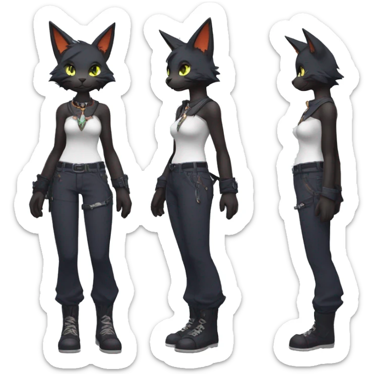 cool edgy beautiful pretty anthro godly colorful ethereal black fantasy elegant nargacuga-bat-cat-Fakemon wearing a collar, cargo pants, full body sticker