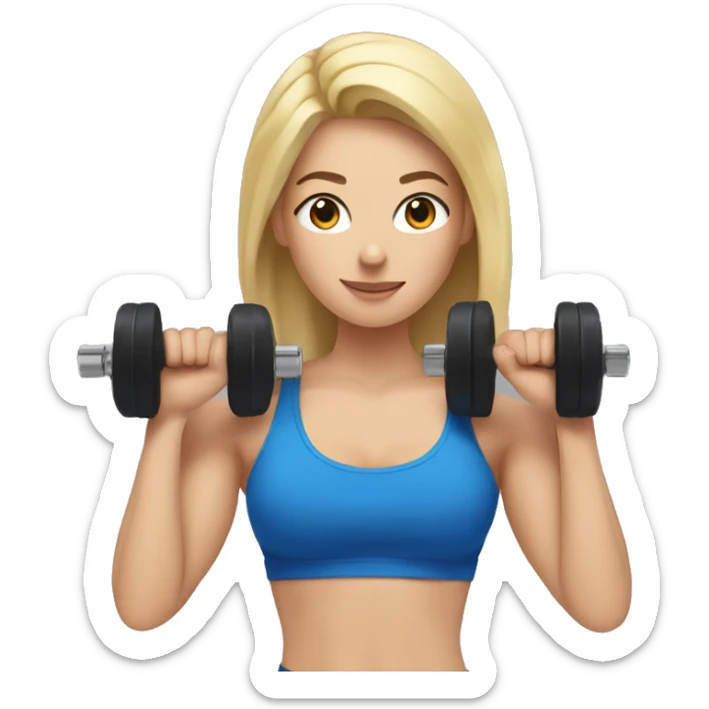 blonde woman working out with a black tank top and a blue shorts and she is holding a dumbell sticker