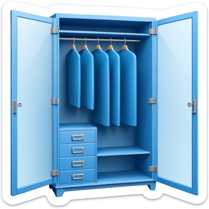 Icon for Furniture Design: a blueprint of a wardrobe without clothing inside, featuring a 3D installation with dimensions and a ruler or measuring tape. The icon should represent the detailed design and measurement process in furniture creation. Transparent background. sticker