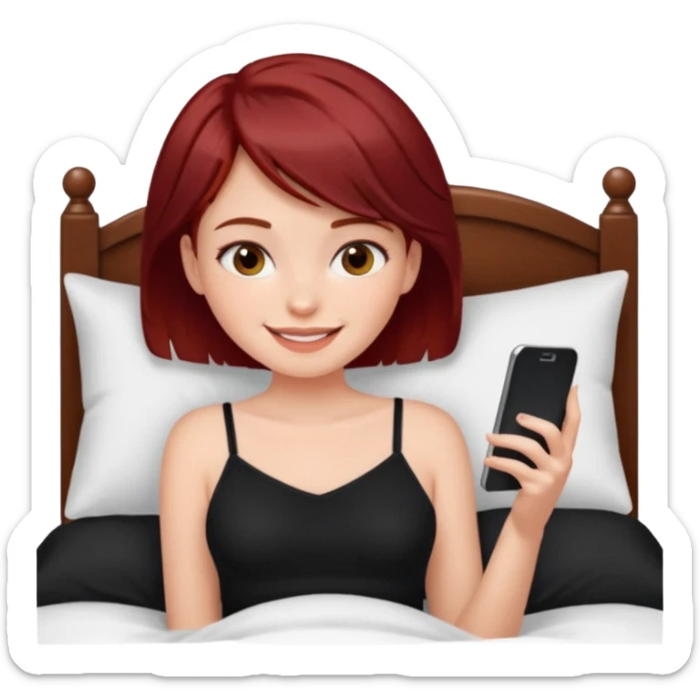 generate a pretty fair bratz girl with short dark red hair using her phone in bed, smiling . Wearing a black cami sticker