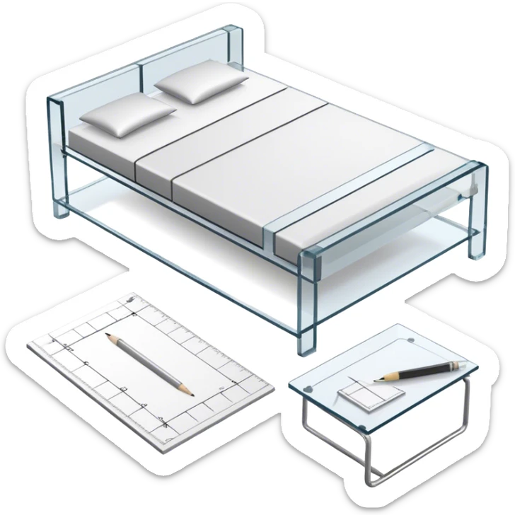 Icon for Furniture Design: a furniture drawing with 3D models of furniture pieces placed on top, accompanied by rulers and a pencil. The icon should represent the design process with focus on precision and modeling. Transparent background. sticker