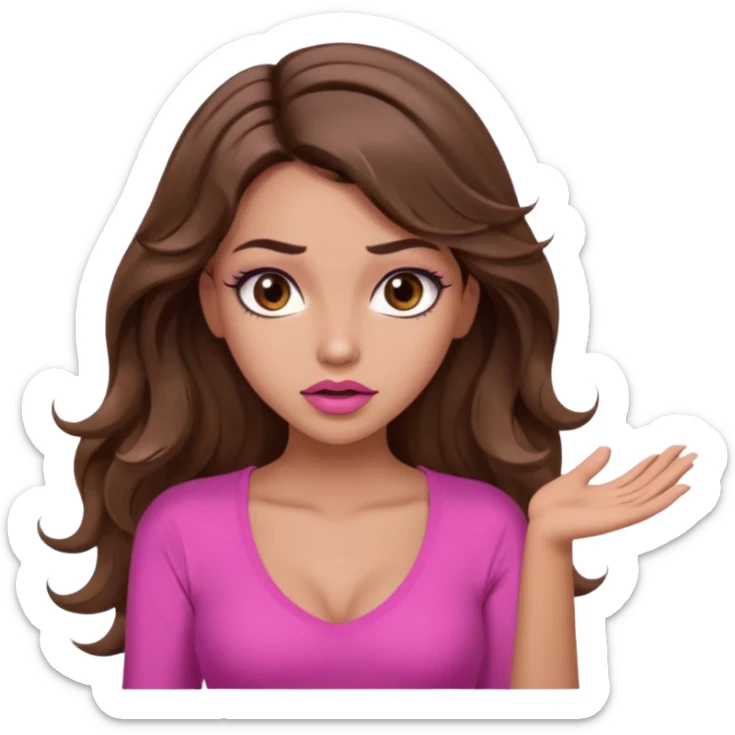 girl with long wavy brown hair, brown eyes, long lashes makeup, sexy pink lips, light to medium complexion, pink sexy top, shrugging with both hands, confused sticker