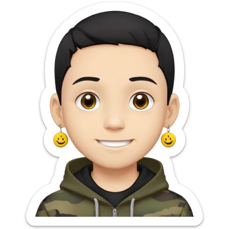 boy with military cut black hair, brown eyes, wearing 2 circle earrings and a black hoodie with a smiley face sticker