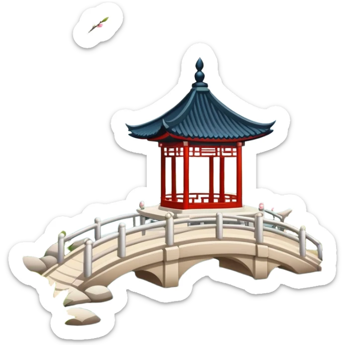 Suzhou garden with spring blossoms and pavilion by pond, simplified emoji style with bold outlines and bright colors, cartoon style traditional Chinese garden sticker