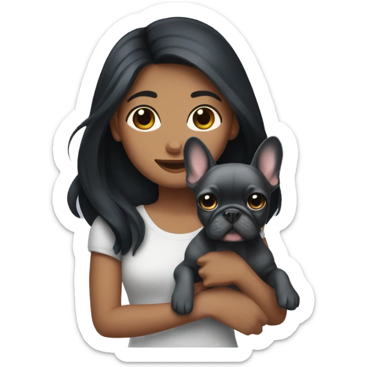 Long Black hair girl holding a gray Frenchie sticker