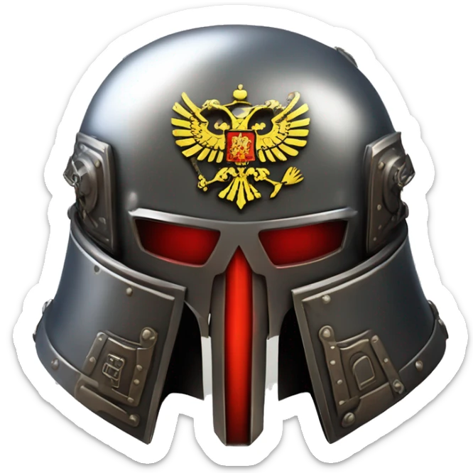 Astartes Warhammer 40K helmet with red lenses, featuring the Russian coat of arms. sticker