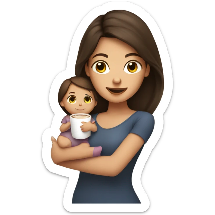 Brunette girl with baby in one hand and cup of coffee in other hand sticker