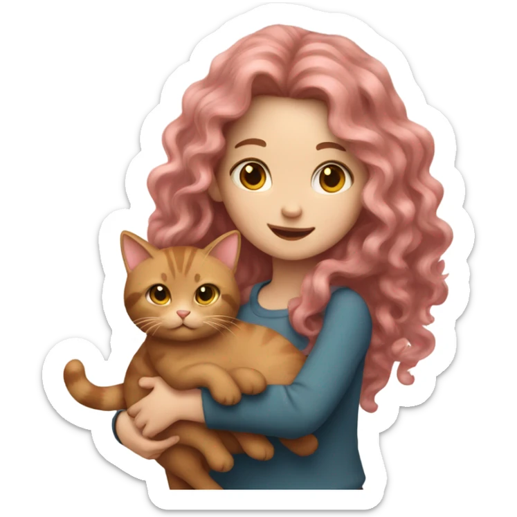 girl with long pink wavy hair, fair skin, holding a brown cat sticker