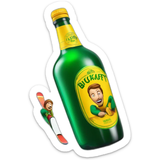 Man freestyle ski grinding over a giant green bottle of buckfast tonic wine with yellow label sticker