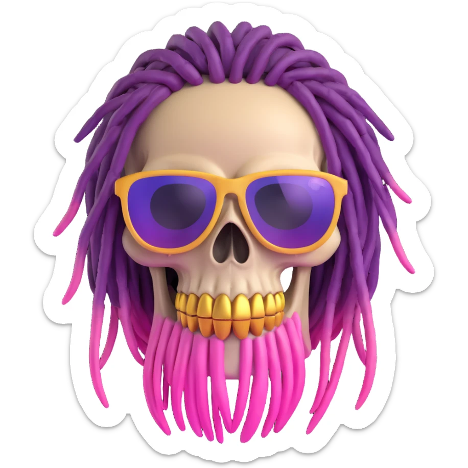 Add the provided sunglasses to the 3D cartoon skull with purple and pink ombre dreadlocks and gold teeth. Remove the tattoo on the forehead. Keep the original 3D cartoon skull style. No background. sticker