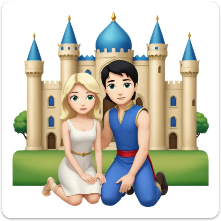 Man as prince, black Hair, blue eyes, woman, blonde, green eyes, shott white sleveless Dress, kneeling, background palace sticker