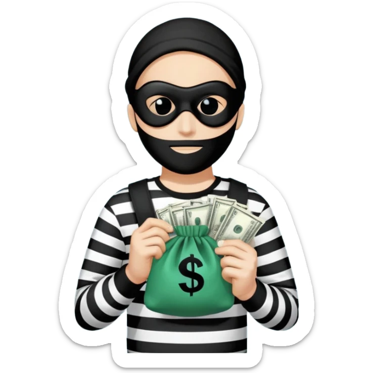 A minimalist digital illustration of a cartoon-style robber character. The robber is wearing a black mask over the eyes, a striped black-and-white shirt, and holding a small bag of money with a dollar sign on it. The background is plain and solid-colored, resembling the style of emojis. The overall design is clean, simple, and focused on bright, bold colors. sticker