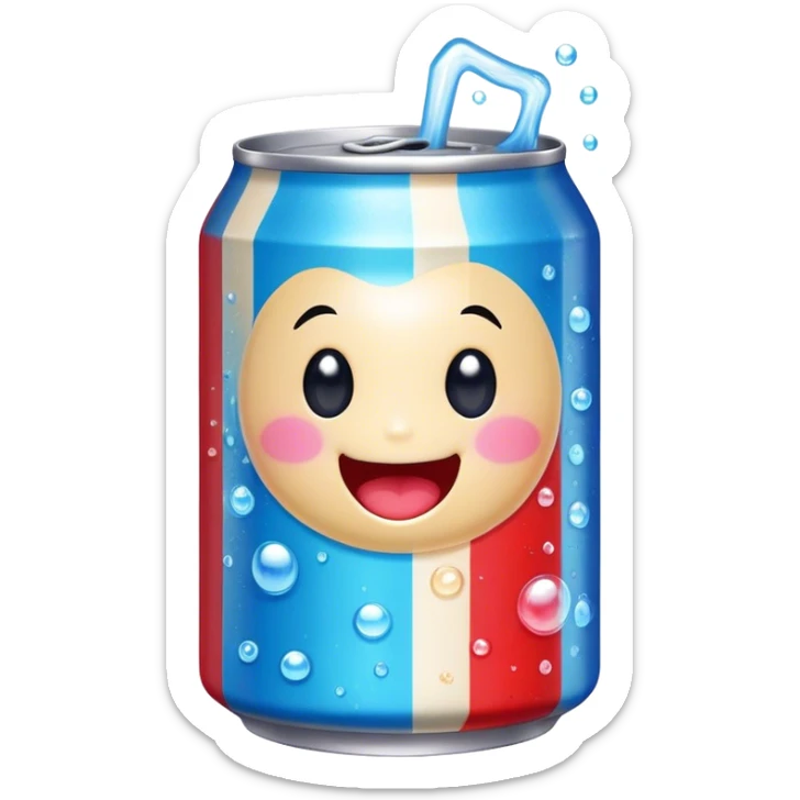 Cute Kawaii Soda Can, bubbly and vibrant, bright red and blue stripes, playful fizz popping around, a chubby happy face with wide sparkling eyes, energetic and refreshing! sticker