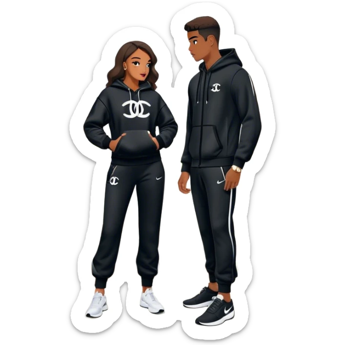 Man with living his dream standing in the master bedroom of a mansion. He’s boo’d up with a pretty Brownskin big booty woman wearing a Chanel outfit with her holding a Chanel bag. The man has on a Nike Tech Fleece sweatsuit. The man isn’t holding a bag sticker