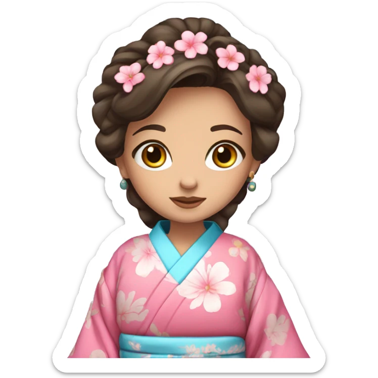 cute brunette girl with blue eyes in pink flower kimono sticker