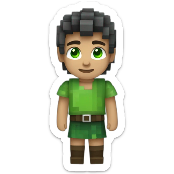 niño con pelo castaño, corto y de punta, vestido al estilo mincraft. con ojos verdes  sticker