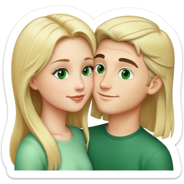 Smiling kissing couple of blonde girl with long hair green eyes and boy with black short hair and green eyes sticker