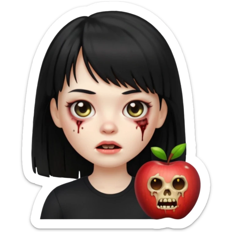 uma garota zumbi no formato Memoji da apple com o cabelo cumprido, preto liso e com franja, blusa preta sticker