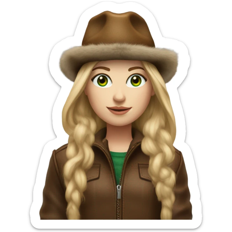 Realistic White girl with Long straight blonde hair, green eyes, tattoos, full body wearing Brown fur coat and fur hat and Brown leather boots sticker