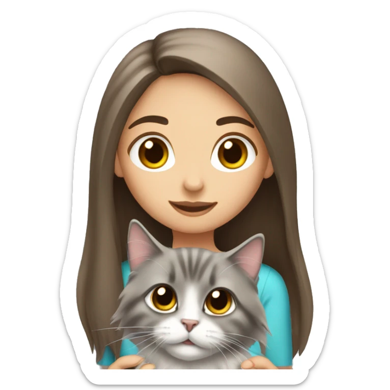 Brown straight hair girl with holding fluffy Siberian gray cat  sticker