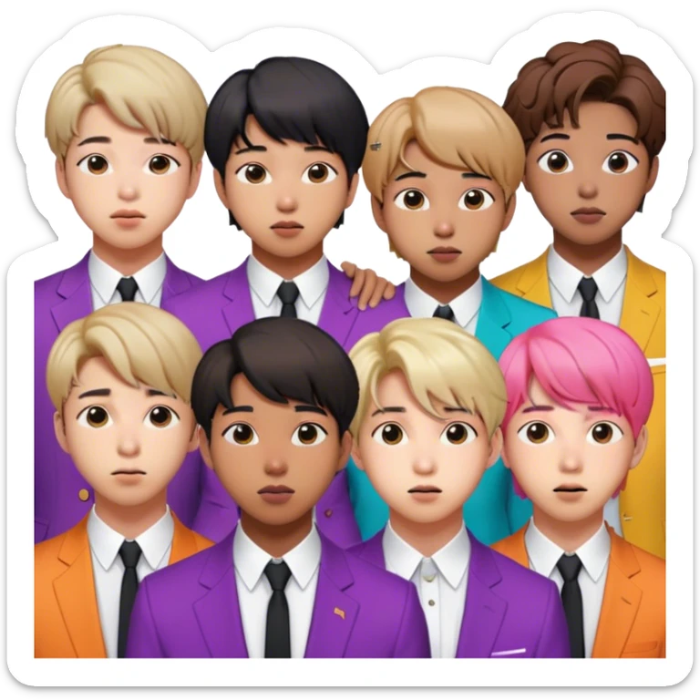 Cinematic Realistic group portrait of BTS featuring all 7 members in stylish modern attire, with detailed facial expressions and vibrant colors, captured in dynamic, contemporary lighting that emphasizes their global pop icon status sticker