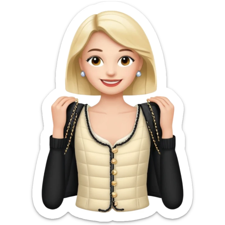 ma petite sœur, qui prend un vêtement pour adultes chez Chanel et la sticker