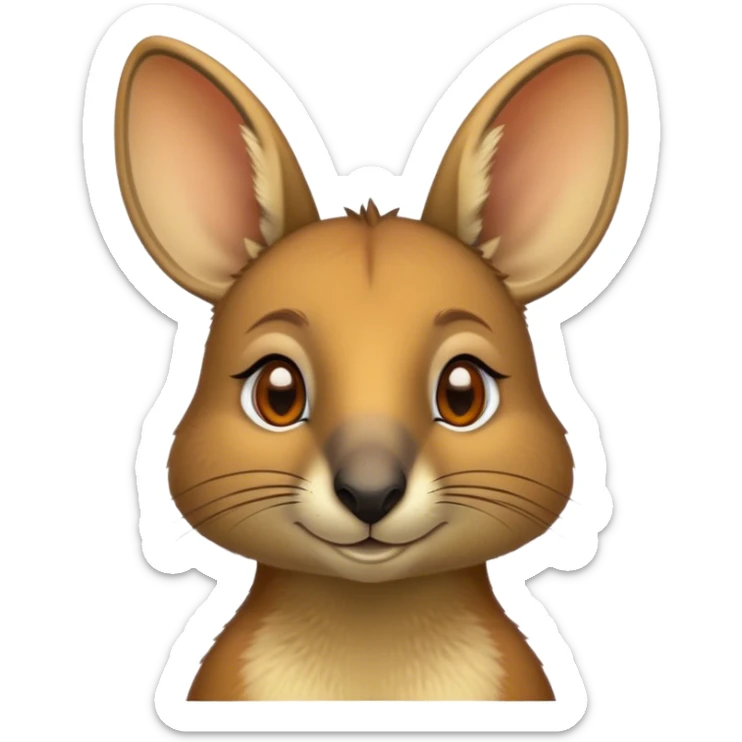 Cinematic Noble Wallaby Portrait Emoji, Poised and regal, with a compact, agile build and a soft, well-groomed fur of warm tan and light brown hues, deep-set soulful amber eyes and perky ears, Simplified yet sharp and sophisticated features, highly detailed, glowing with a soft, dignified glow, high shine, intelligent and spry, stylized with an air of bushland elegance, focused and attentive, soft glowing outline, capturing the essence of a watchful and confident marsupial, so majestic it feels as though it could hop out of the screen with effortless authority! sticker