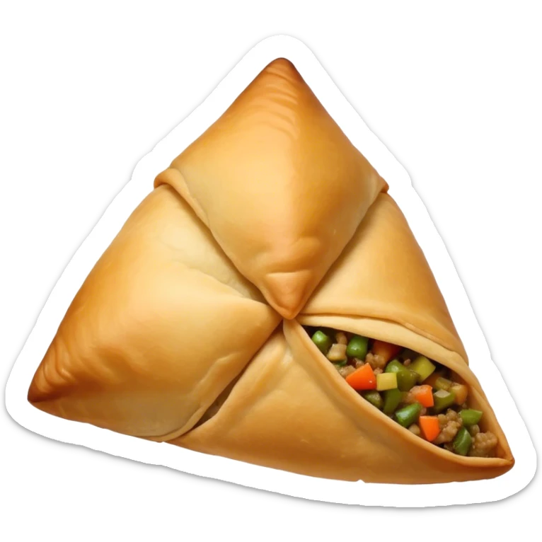 Samosa Cinematic Realistic Samosa Snack Emoji, depicted as a crispy, golden triangular pastry filled with spiced vegetables or meat, rendered with rich textures and vibrant, appetizing lighting. sticker