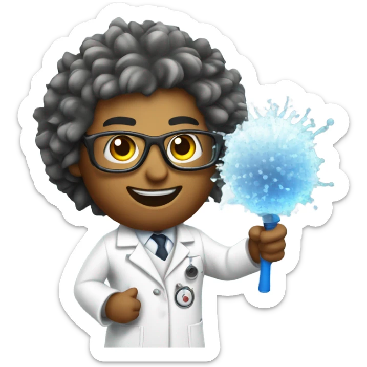 cartoon scientist with wild hair, wearing a lab coat and goggles holding a baseball hitting spray chart sticker