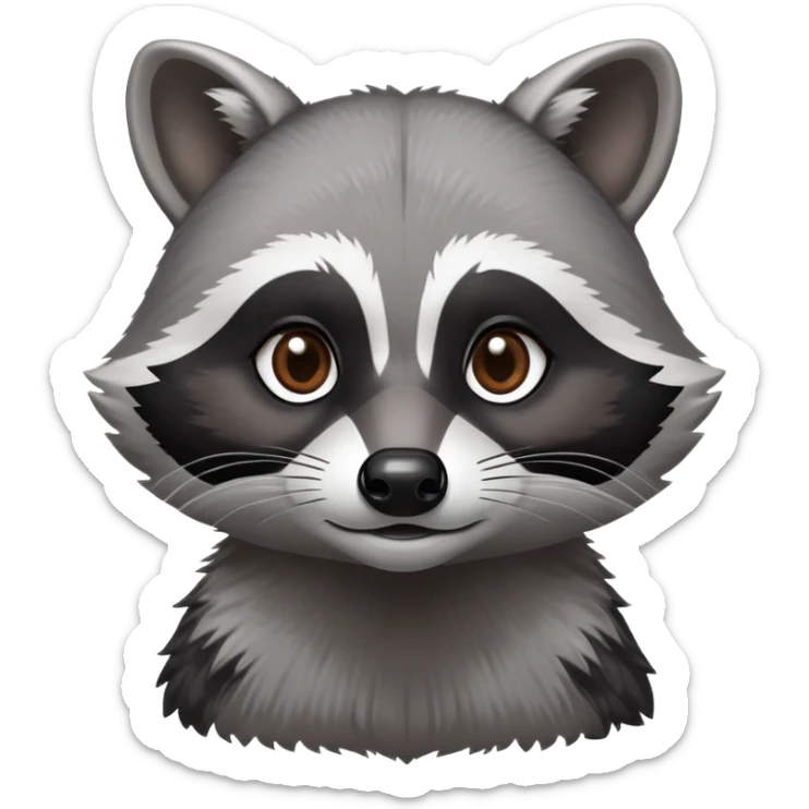Cinematic-Noble-Raccoon-Portrait-Emoji – Poised and confident, with a sturdy build and a beautifully textured fur of silver-grey accented by dark black facial markings, deep-set, intelligent brown eyes, simplified yet sharp and sophisticated. sticker