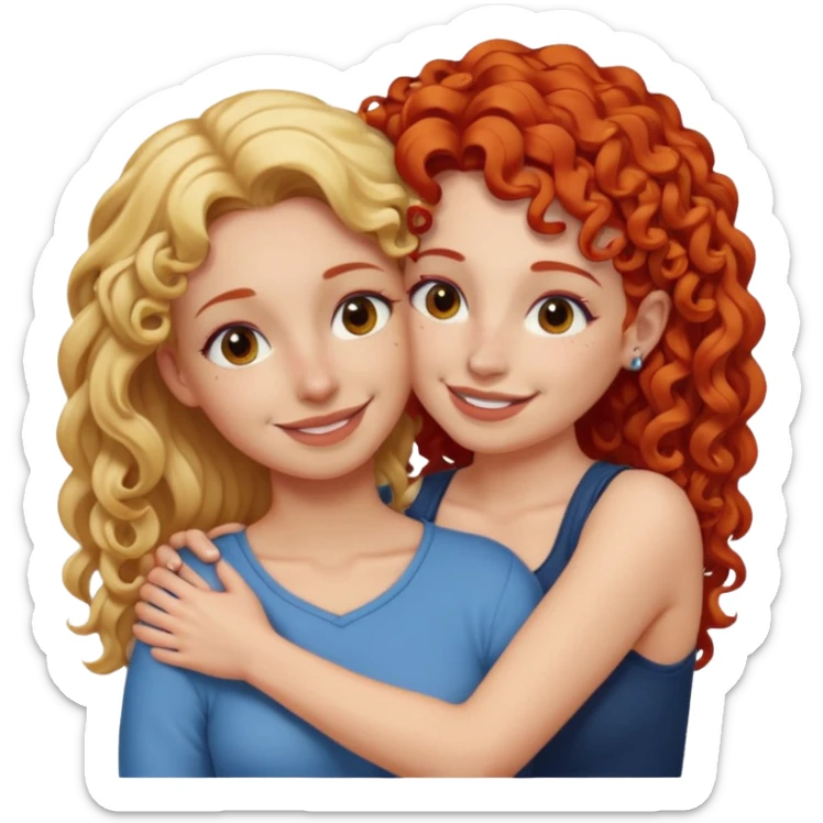 A woman with straight, blonde hair and a nose piercing and a woman with curly red hair and a nose piercing are hugging and smiling together. sticker