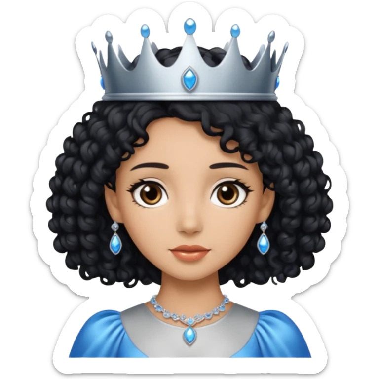 Por favor hazme el emoji de la princesa pero con piel canela con el pelo negro y rizado, los ojos marrones y la corona plateada con jollas azules sticker