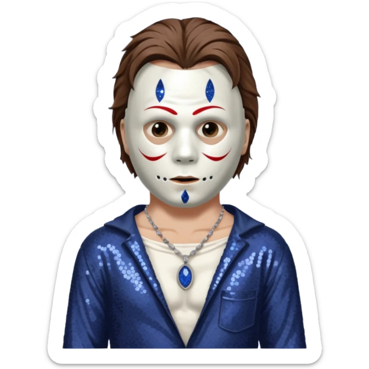 Michael Myers with white mask with brown hair, indigo sequin baggy pants, shirtless with necklace sticker