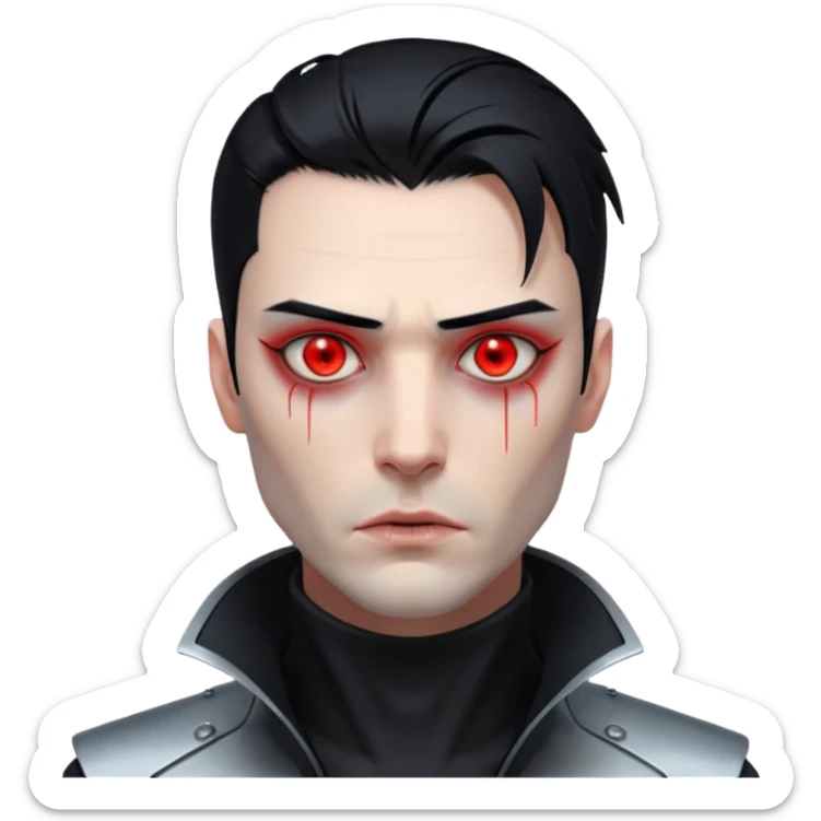 Cyberpunk man, slicked hair, silver metal jaw prosthetic, glowing red eyes, cold expression, clinical lighting sticker