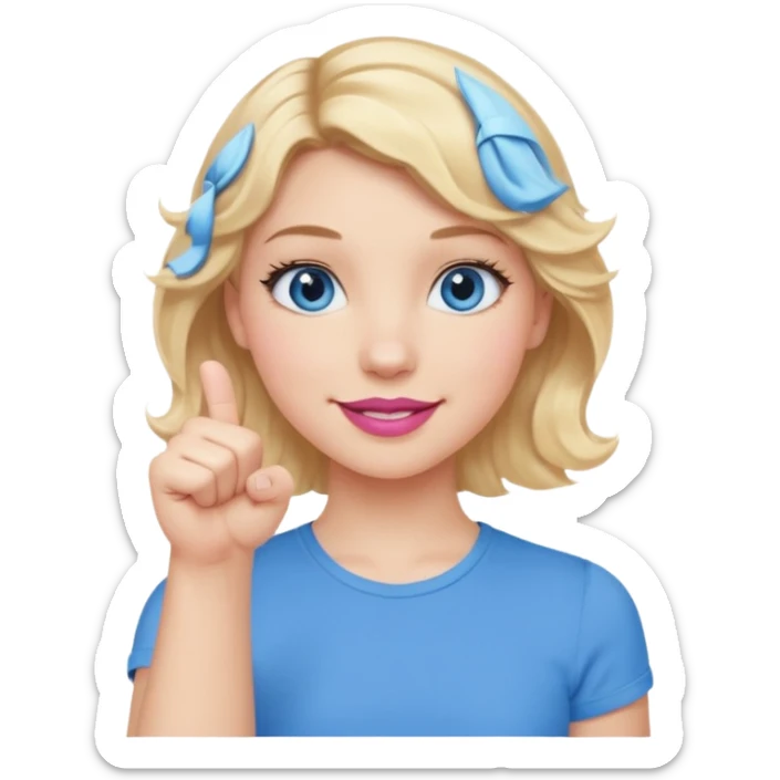 Girl Blonde short wavy hair,  blue eyes, cute blue top, long lashes, pink lips, smiling, 👊🏻 sticker