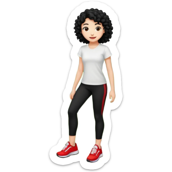 generate a pretty bratz fair skinned girl with curly black hair wearing a white tshirt trekking on a hill road with red sneakers on and black leggings.  Put a hill behind her sticker