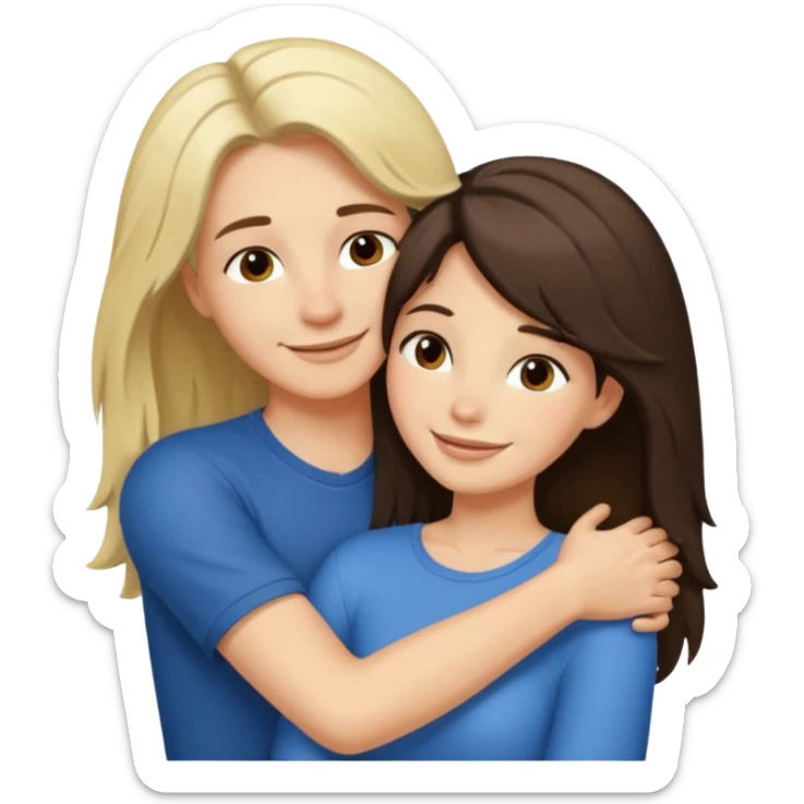 A happy boyfriend and girlfriend hug. She is brunette sexy with long hair. He is blonde short hair sticker