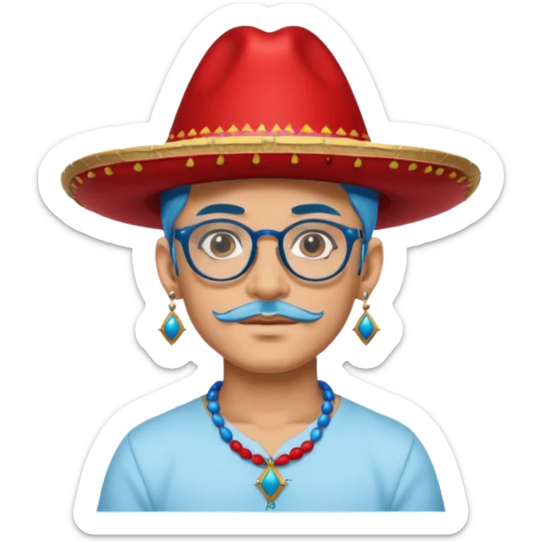 unique looking tourist with big unique red tourist sombrero and earrings, man with lots of tattoes and spectacles, blue hair showing sticker