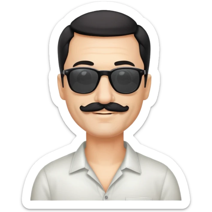 đàn ông 50 tuổi, da trắng, có râu ria đen. đeo kính đen, tóc đen ngắn, cười mỉm sticker