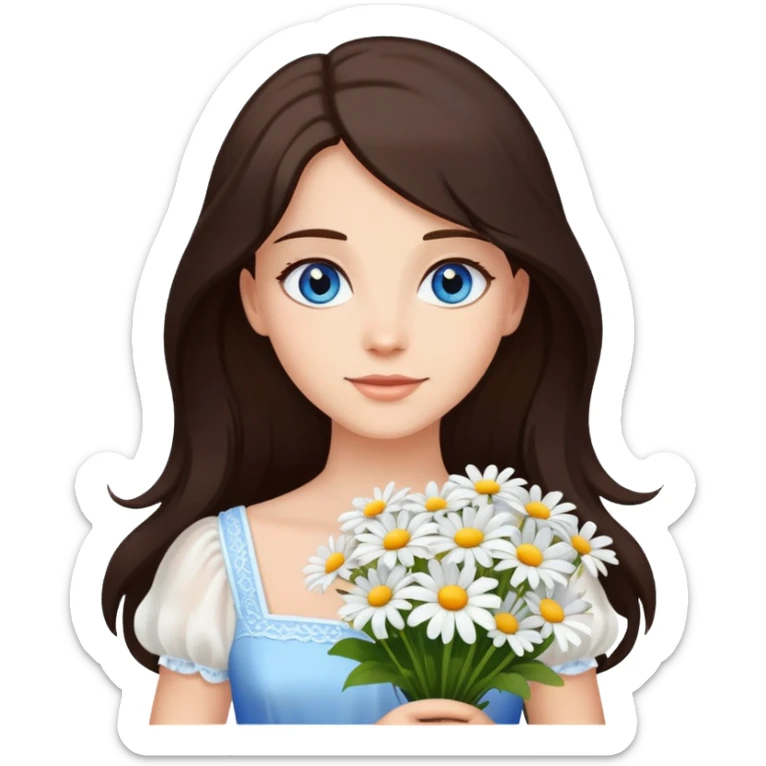 A lady stand with dark brown long hair and blue eyes, wearing a white dress, holds a bouquet of daisies.  sticker