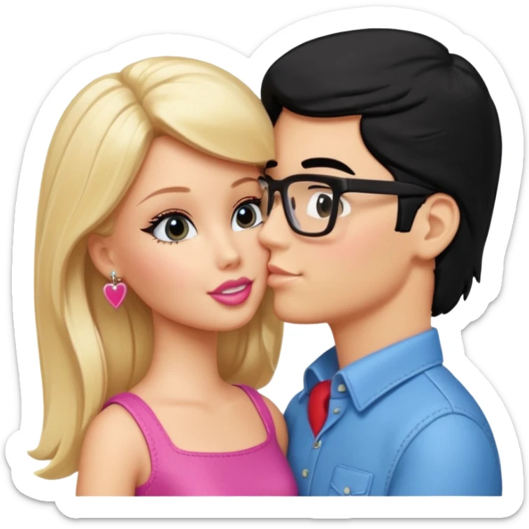 pretty blonde girl barbie kissing nerd with black hair and tan skin on the cheek sticker
