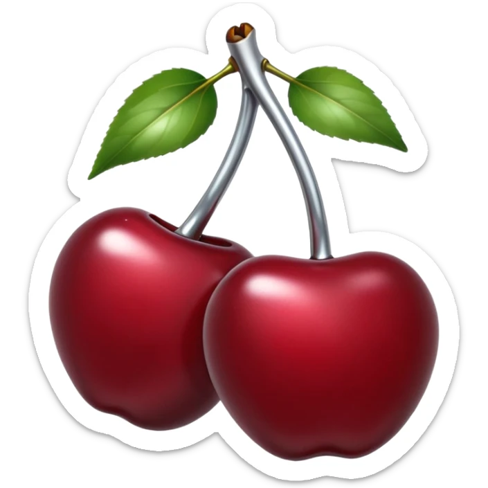 A pair of cherries emoji made of liquid silver chrome, smooth rounded shapes, glossy metallic surface, subtle sensual vibe, luxury sexy aesthetic, iOS emoji style, centered, clean white background sticker